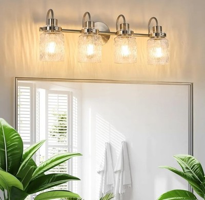 Brushed Nickel 4-Light Bathroom Vanity Light with Hammered Glass Shades NEW