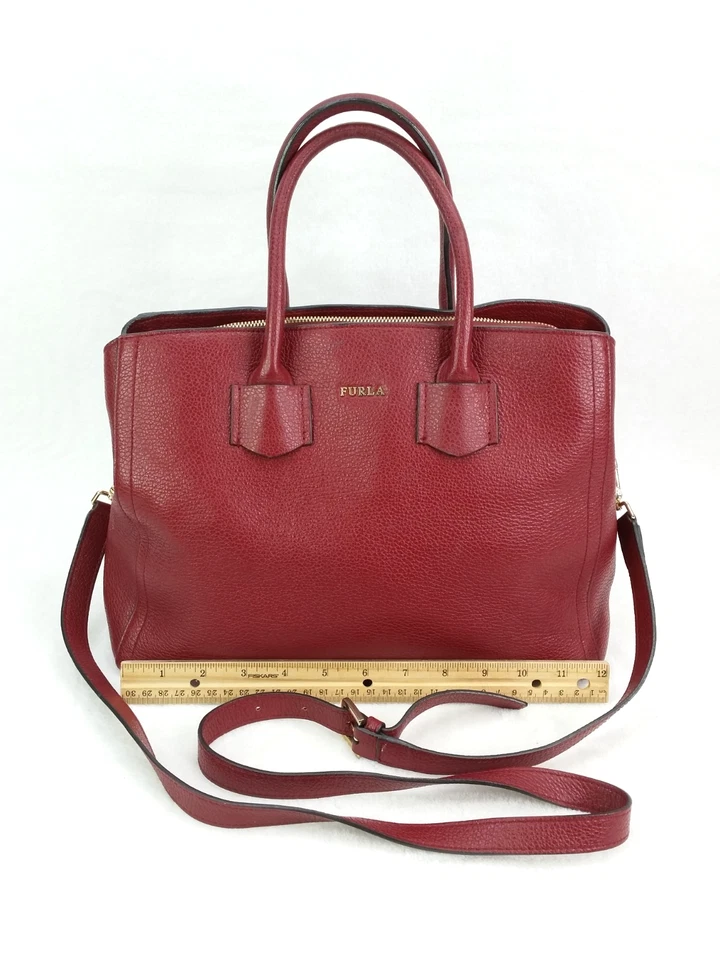 Furla Double Handle Satchel Bag Red Leather Shoulder Hand Bag Purse - Image 2 of 4
