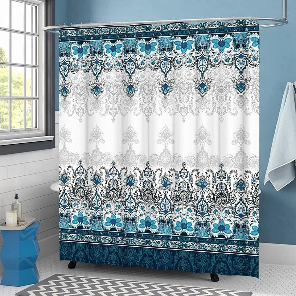 Cortina de Ducha Boho Azul - Damasco Tribal 72"W x 72"L (Pack de 1), Foto 3 de 4