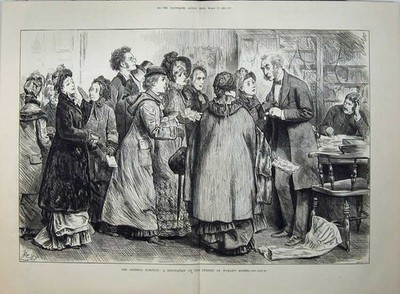 Alter antiker Druck 1880 Bundestagswahlgespräch Frauenrechte Wahl 19.