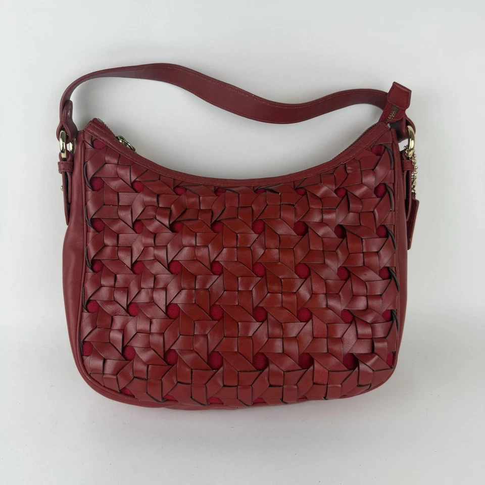Cole Haan Leather Shoulder Bag Womens Red Basketweave Hobo Purse Gold Zip Top - Image 2 of 4
