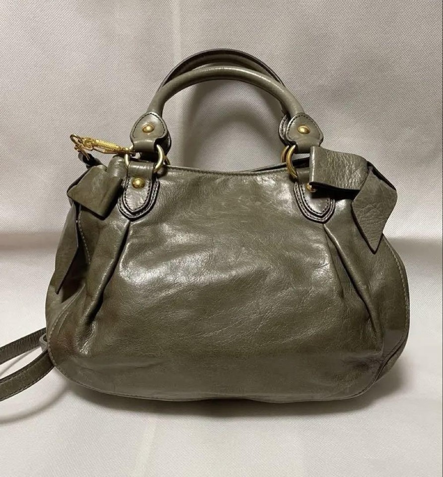 MIU MIU 2-Way Shoulder Bag Olive Green Leather Gold Hardware Logo Women ...