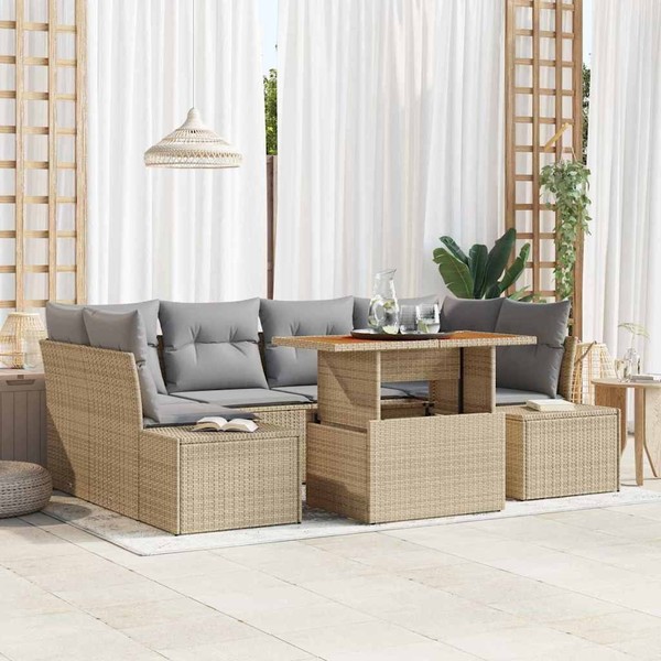 Garten-Sofa-Set 7-Teilig Beige, Grau Rattan, Polyester-image