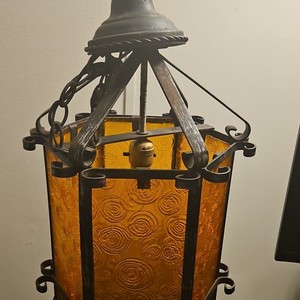 Vintage Amber Textured Glass & Black Metal Swag Hanging Pendant Light, 1-Light
