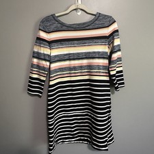 T By Talbots Womens Small Blue Black Striped 3/4 Sleeve Scoop Knee Length Dress