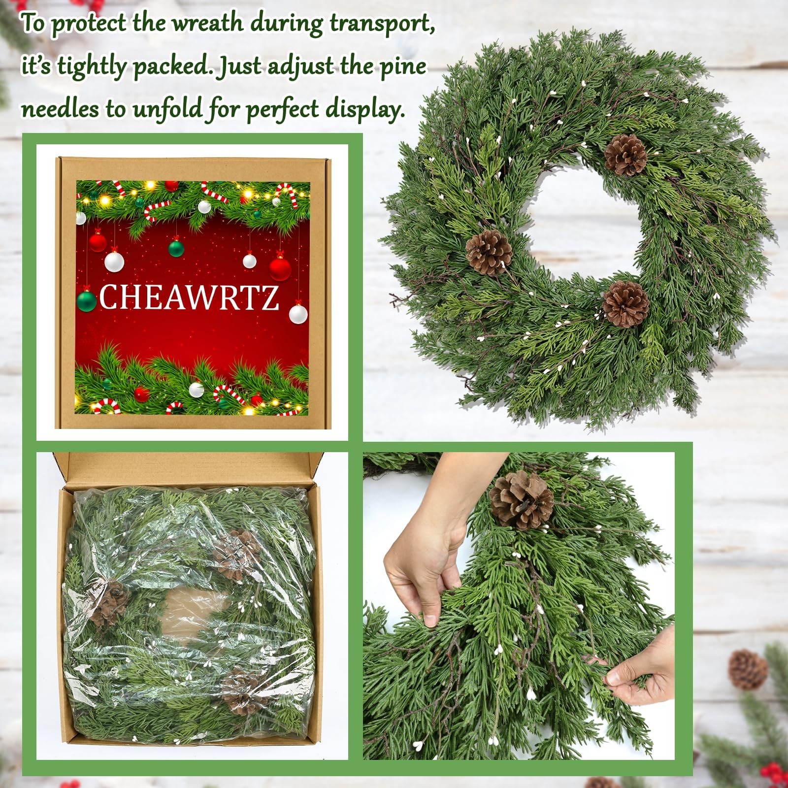 24 Inch Real Touch Lush Christmas Wreaths for Front Door with White Berries/P...