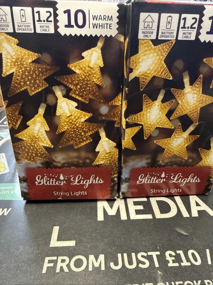 2x NEW Glitter Lights String Lights - 10 Warm White LED Stars & Trees - Indoor - Image 2 of 4