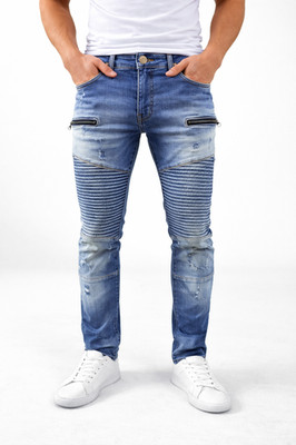 Herren Hellblau Slim Fit Stretch Denim Biker Jeans Zip Fly Ripped Freizeit 30-38