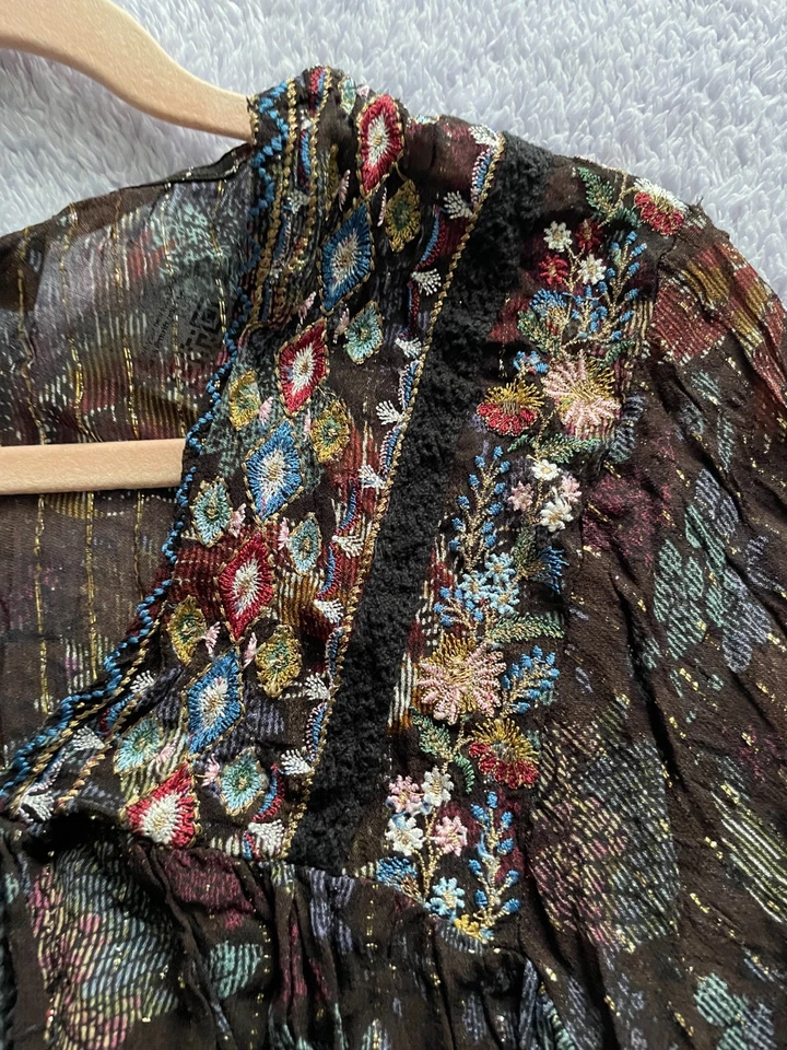 Zara Boho overshirt top size M 10 metallic thread embroidered mocha brown floral - Image 3 of 4