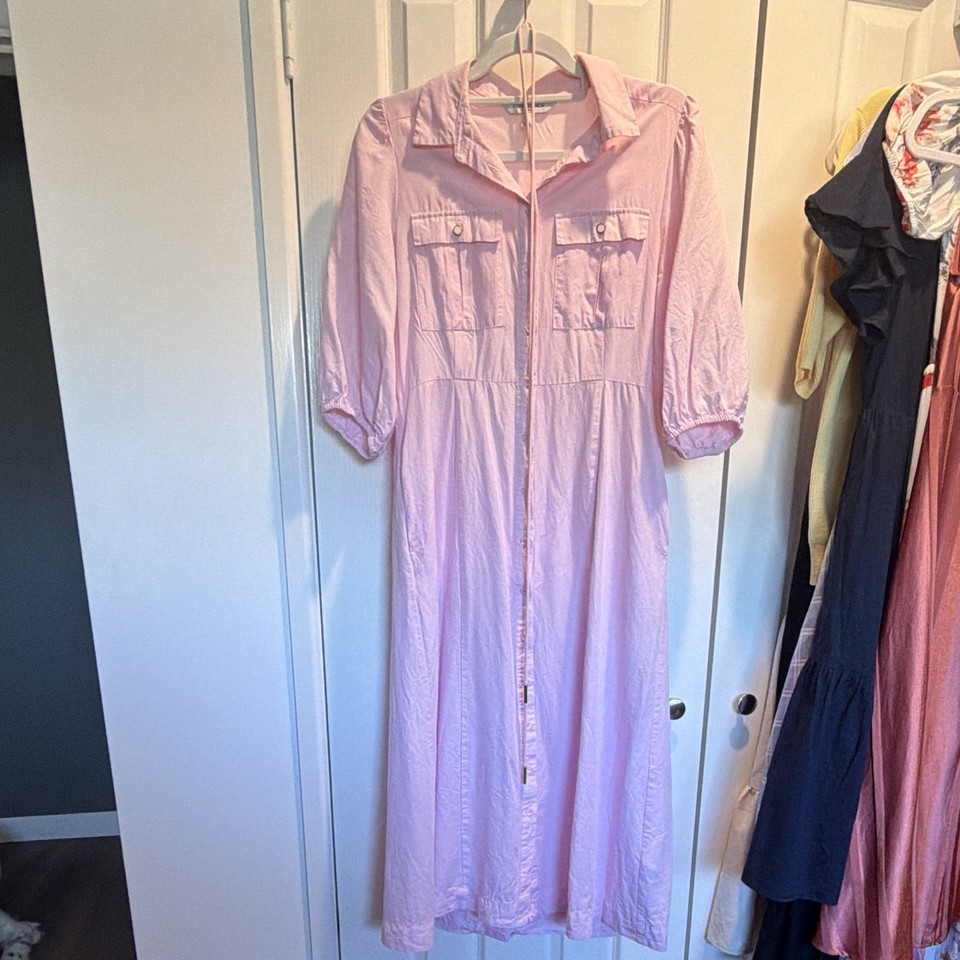 Forever New Pink Denim Shirt Dress Collared 3/4 Puff Sleeve Zip Midi Size 10