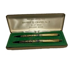 Vintage Gold Perfumed Ballpoint Pen Set Black Ink in Case Ink Dry Preowned