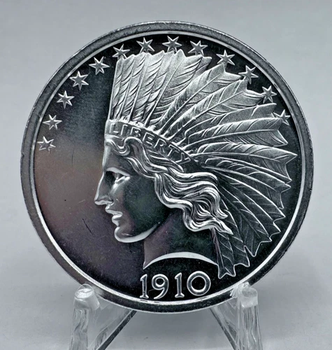 1910 $10 INDIAN TRIBUTE ROUND - 2 OZ - 39MM .999 PURE SILVER INTAGLIO MINT