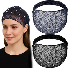 2PCS Lace Wide Headband for Women, Artificial Pearl Flower Lace Boho Headbands,