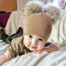 Newborn Kids Baby Boy Girl Double Fur Pom Hat Winter Warm Knit Bobble Beanie