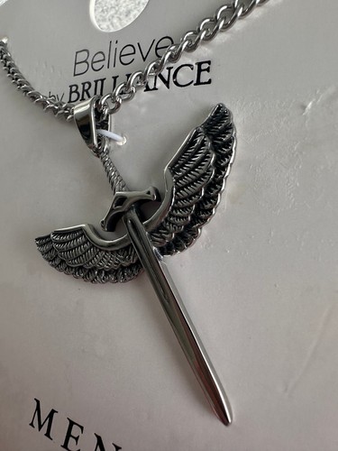 Believe by Brilliance Stainless Steel 24" Necklace Silver Tone Cross with Wings - Picture 9 of 11