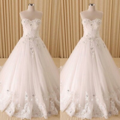 Strapless Wedding Dresses Beading Elegant Lace A Line Sweep Train Bridal Gowns
