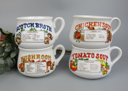 4 Soup Cups Bowls w/Recipes. 1970's vintage ceramic set. 400ml RETRO - Afbeelding 1 van 7