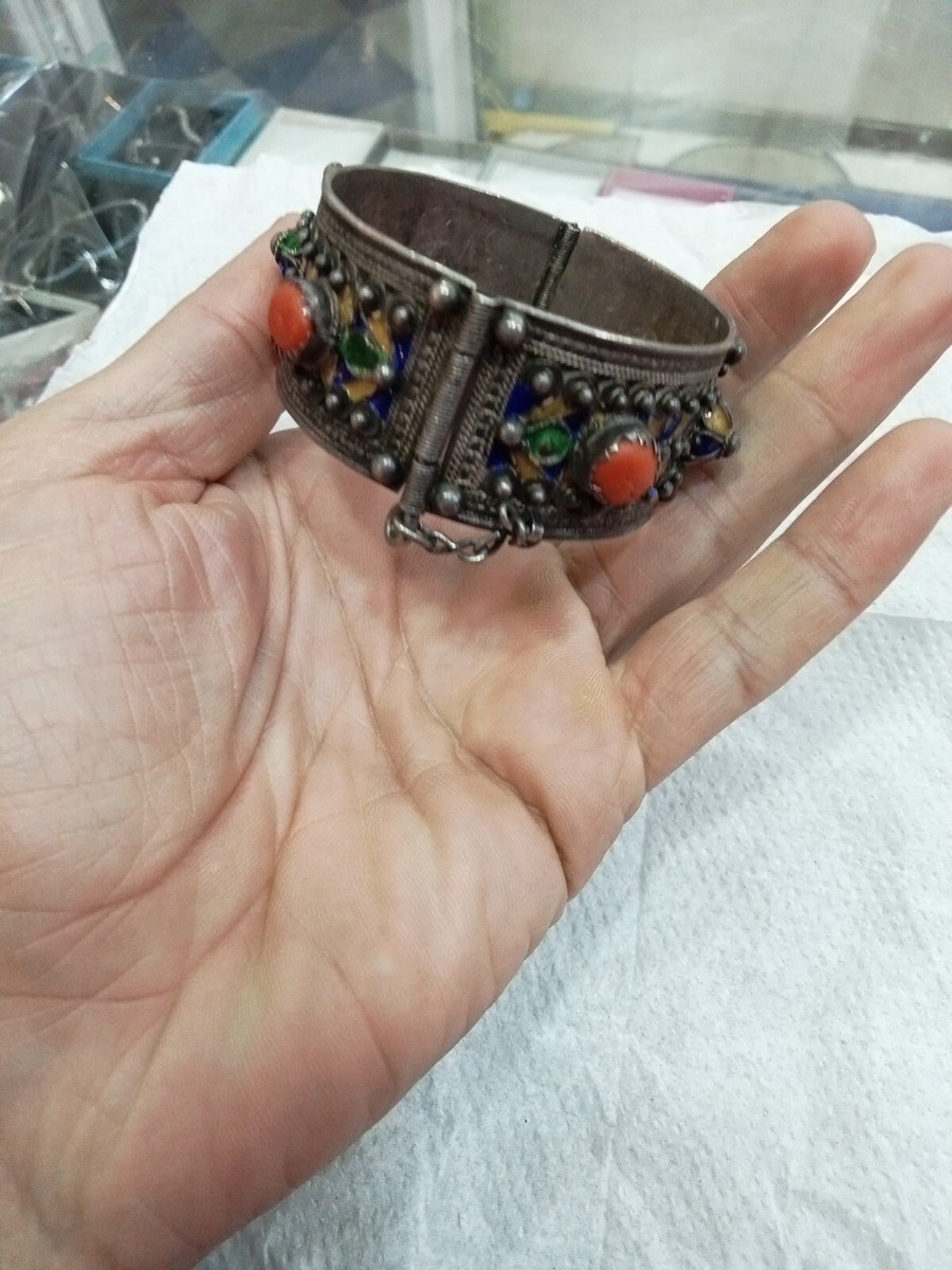 Bracelet Ancien En Argent Massif Berbère - Émaillé Traditionnel Ben Yenni - Bijou Ethnique Et Authentique - Occasion