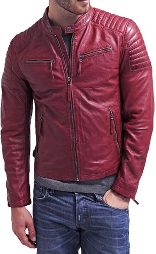 Genuine Sheepskin Leather Jacket Biker 