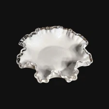 Vintage Fenton Silvercrest Ruffled Bowl Crimped Rim  White Milk Glass Candy Dish