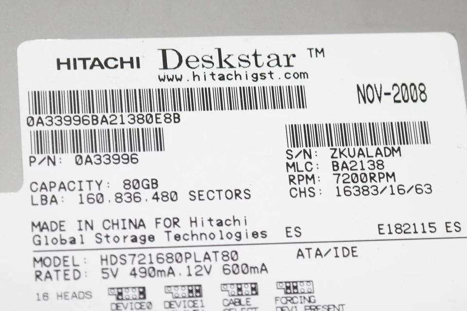 HITACHI 0Y30003 80GB IDE 7200RPM 3.5" Internal Hard Drive - HDS721680PLAT80 - Image 2 of 4