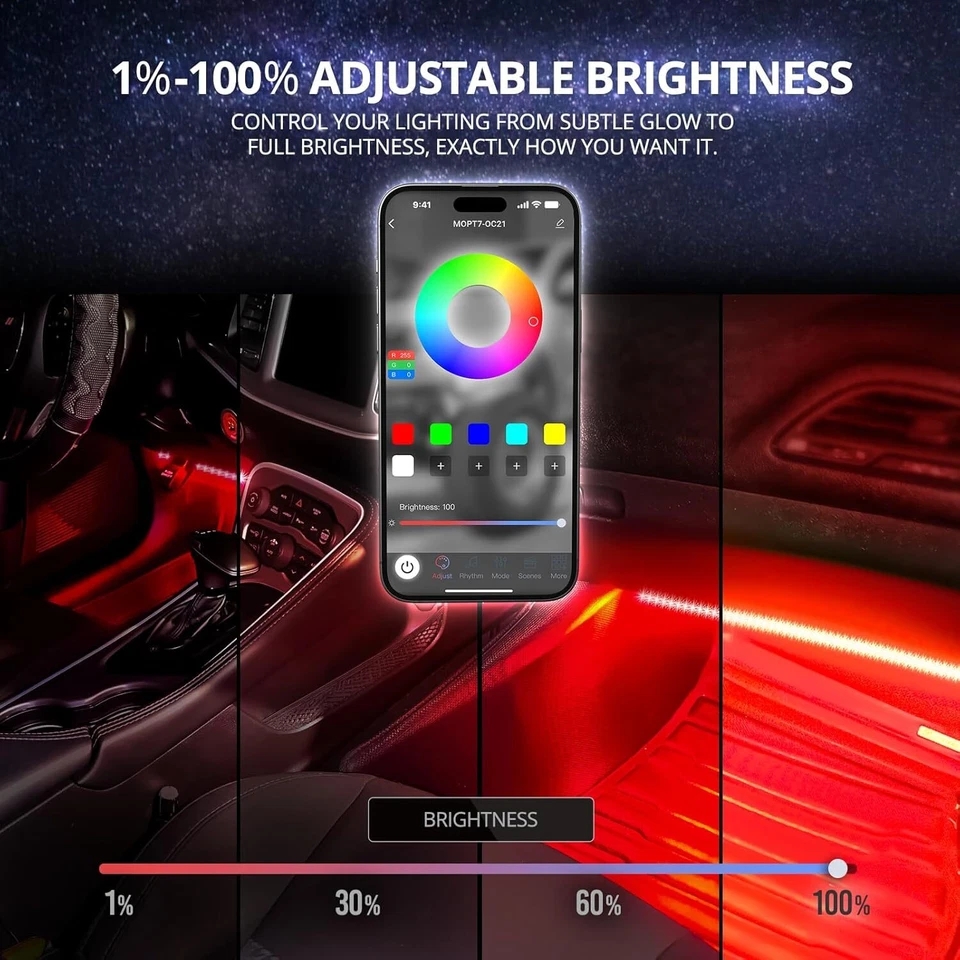 4x DreamColor LED Coche Interior Atmósfera Tira Única Luces APP Control Remoto Foto 4 de 4