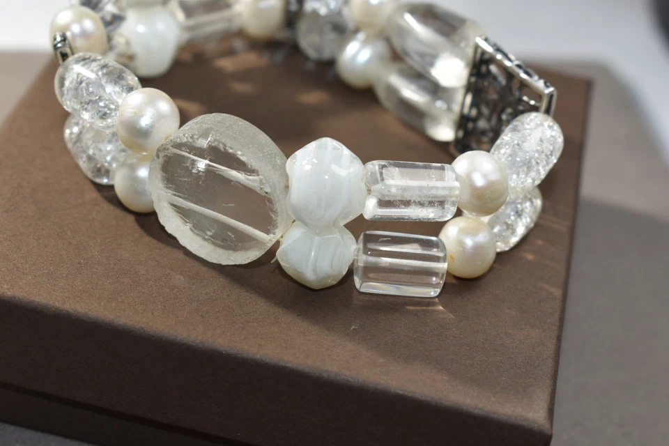 Silpada 罕见水晶石英白色珍珠手链 925 纯银石珠 — 第 3/4 张图片