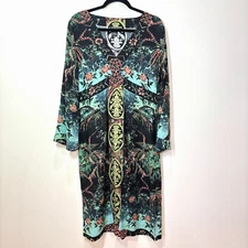 Citron Santa Monica Black Floral 100% Silk Dress L Graphic Asian Dark Goth Birds