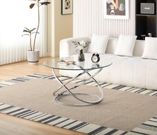 Round Abstract Tempered Glass Coffee Table Chrome Effect Frame Living Room
