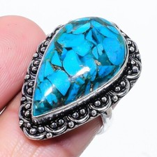 Natural Blue Turquoise Gemstone 925 Sterling Silver Jewelry Ring Size 7.5 US 
