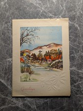 Christmas Card Vintage Stagecoach Mountains Signpost Winter Scene Sommerfield