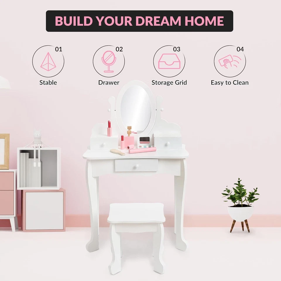 Kids Vanity Set with Mirror & Stool - Wooden Princess Makeup Dressing Table, Adj - Image 4 of 4