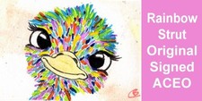Entretoise arc-en-ciel ACEO ATC peinture originale oiseau autruche pop art junk journal