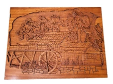 Hand Carved Wood Relief Wall Art Watermill Mill House Landscape Plaque Rustic