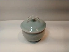 Vintage Porcelain Celadon Trinket Jewelry Dish with Lid Original Sticker Label