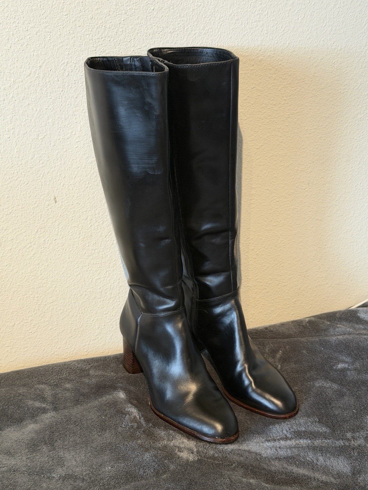 Antonio Melani Black Leather Knee High Boots 7.5M Side Zip Block Heel