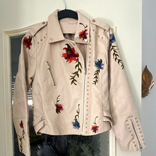 Damen Bikerjacke Kunstleder Beige Blumenstick...