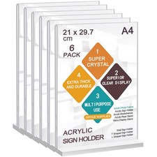 A4 Acrylic Sign Holder, 6pack T-Shape Double-Side A4 Perspex Display