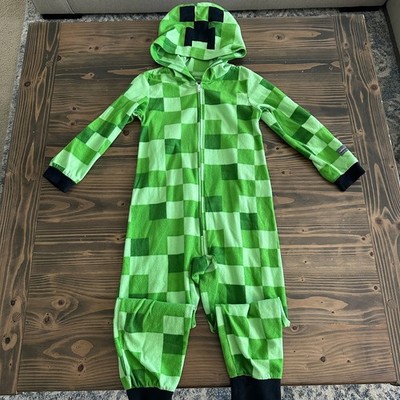 Boys Minecraft Creeper Fleece One Piece Pajamas Size 6/7 Hooded Zip Sleeper