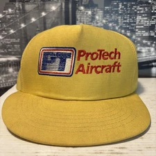 Vintage 1980s Rare Pro Tech Aircraft Airplane Pilot SnapBack Hat Yellow 80s USA