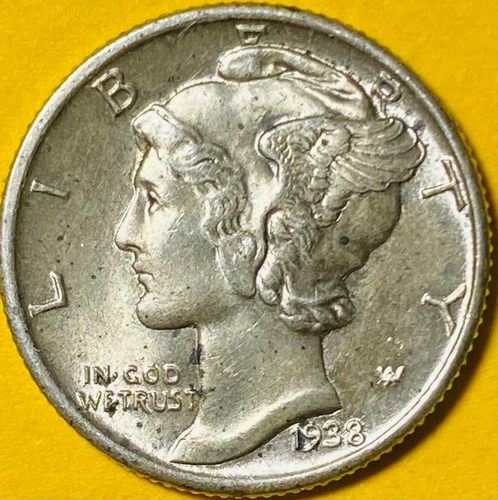 1938 U.S. MERCURY SILVER DIME 10c COIN (MS/BU) Mint State, Uncirculated!