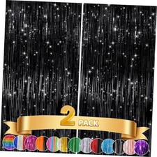 2Pack Metallic Tinsel Foil Fringe Curtains Foil Curtain Backdrop, Photo Black