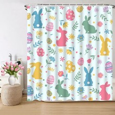 Spring Easter Bunny Shower Curtain 71x71 Inch Colorful Eggs Bath Decor