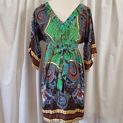 Hot & Delicious Paisley Dress Womens Brown Green Smocked Boho Mini M / L
