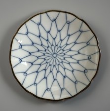 Japanese Ceramic Sauce Plate Fish Net Mesh Pattern Blue Vintage