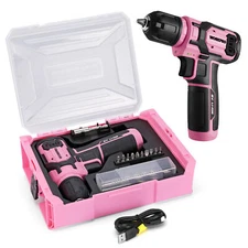 WORKPRO Power Drill Set&Stackable Tool Box, 8V Cordless Drill Driver Pink /Gray