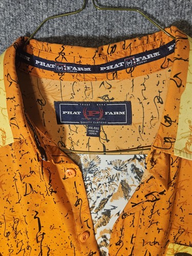 Phat Farm Russell Simmons Samurai Camicia Uomo 2XL Arancione Giallo Oversize Y2k Vintage - Foto 5 di 5