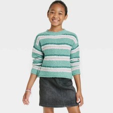 Girls' Knit Crewneck Long Sleeve Pullover Striped Sweater Cat  Jack Green XS, S