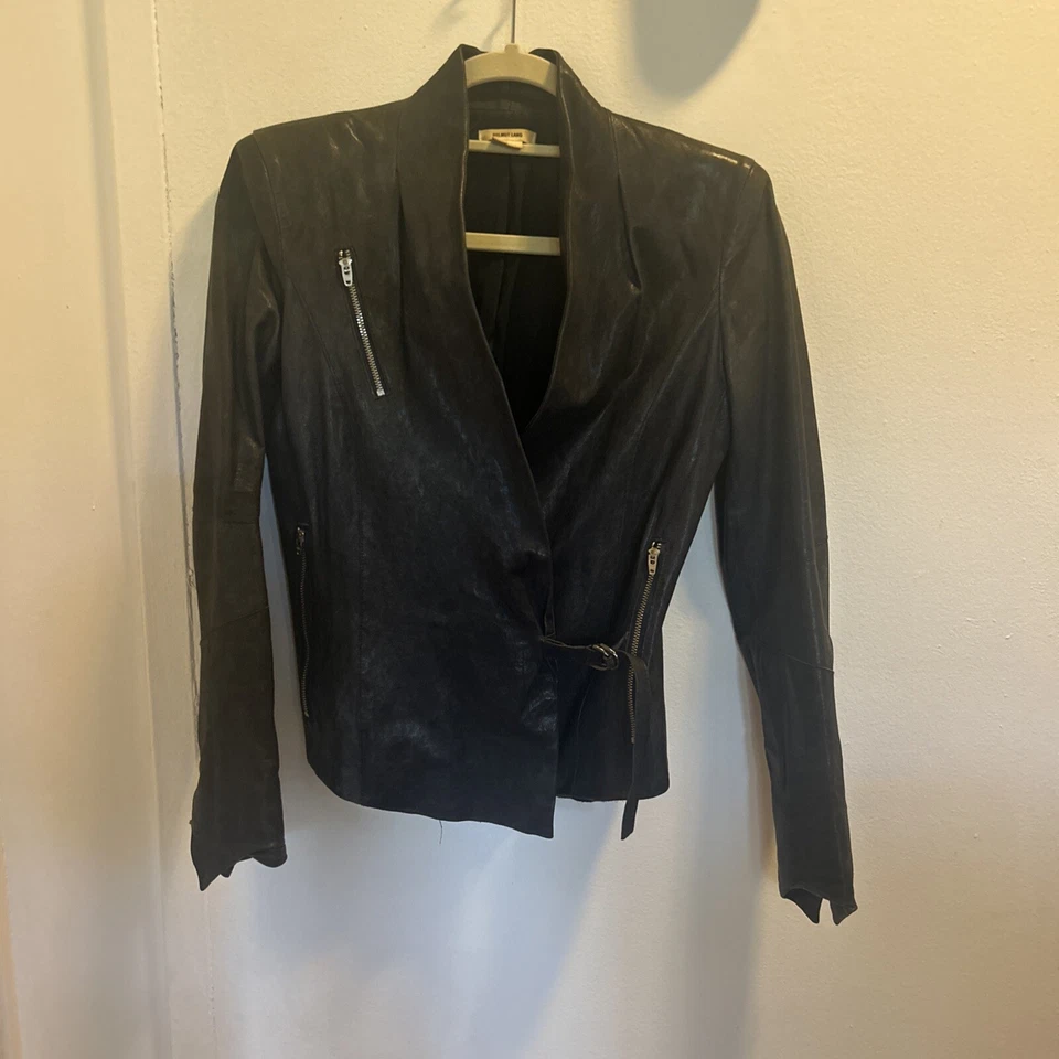 Chaqueta de cuero de cordero estilo envolvente Helmut Lang en verde azulado báltico talla P XS Foto 3 de 4