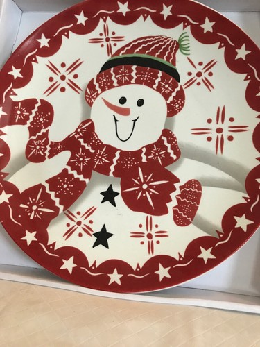 Ceramic Cake Plate with Server 12” Round Tray Snowman Holiday Christmas NIB - Picture 4 of 4